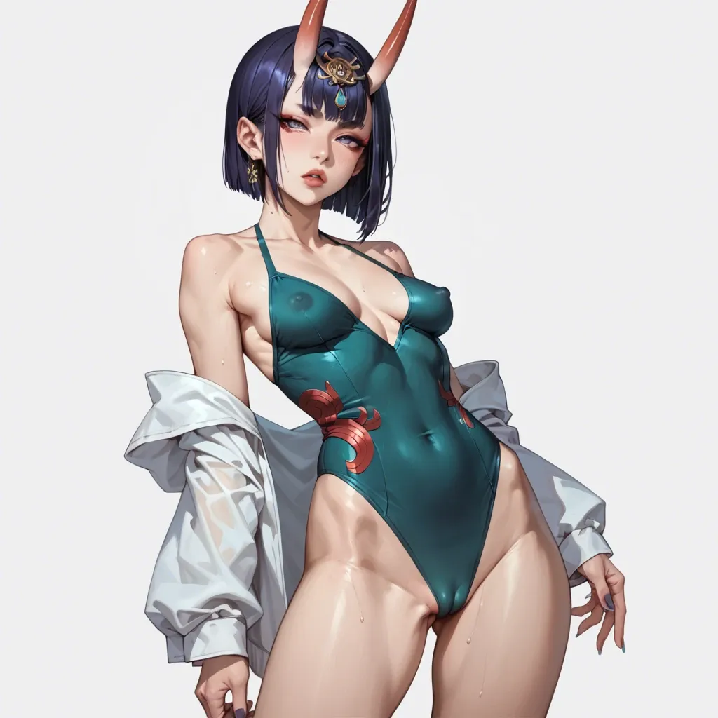 Shuten-Douji, off shoulder swimsuit, powerful shoulders, slim body, big perfect round tits, erected nipples, front view, seductive face, heavy upper lips, vulgarity, big perfect bubble butt, cameltoe, pussy seethrough