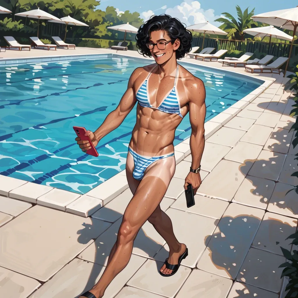 skinny, glasses, tan line, long black hair, curly, blushing, smiling, freckles, on phone, walking, striped bikini, open toe shoes, pool, old man, young man, wanking, masturbating