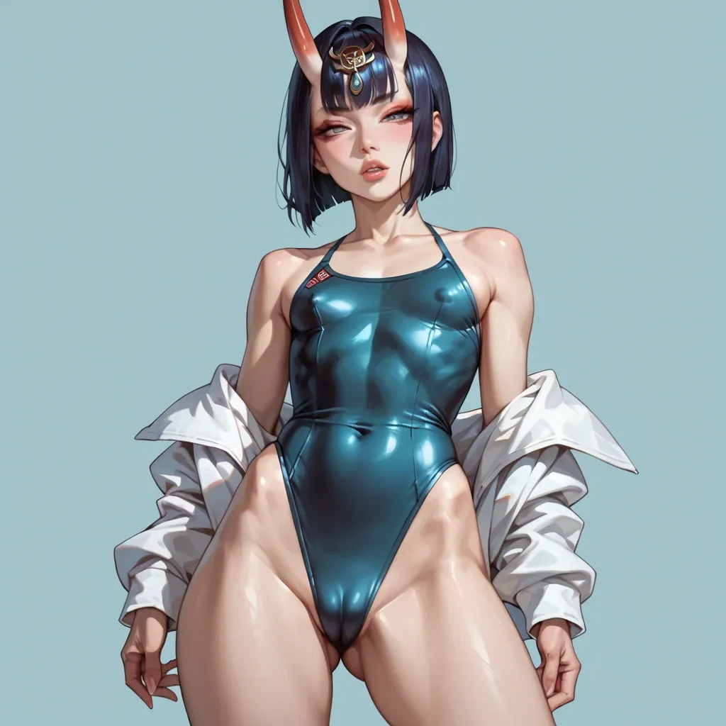 Shuten-Douji, off shoulder swimsuit, slim body, show tits, flat chest, front view, seductive face, heavy upper lips, vulgarity, big juicy ass, cameltoe