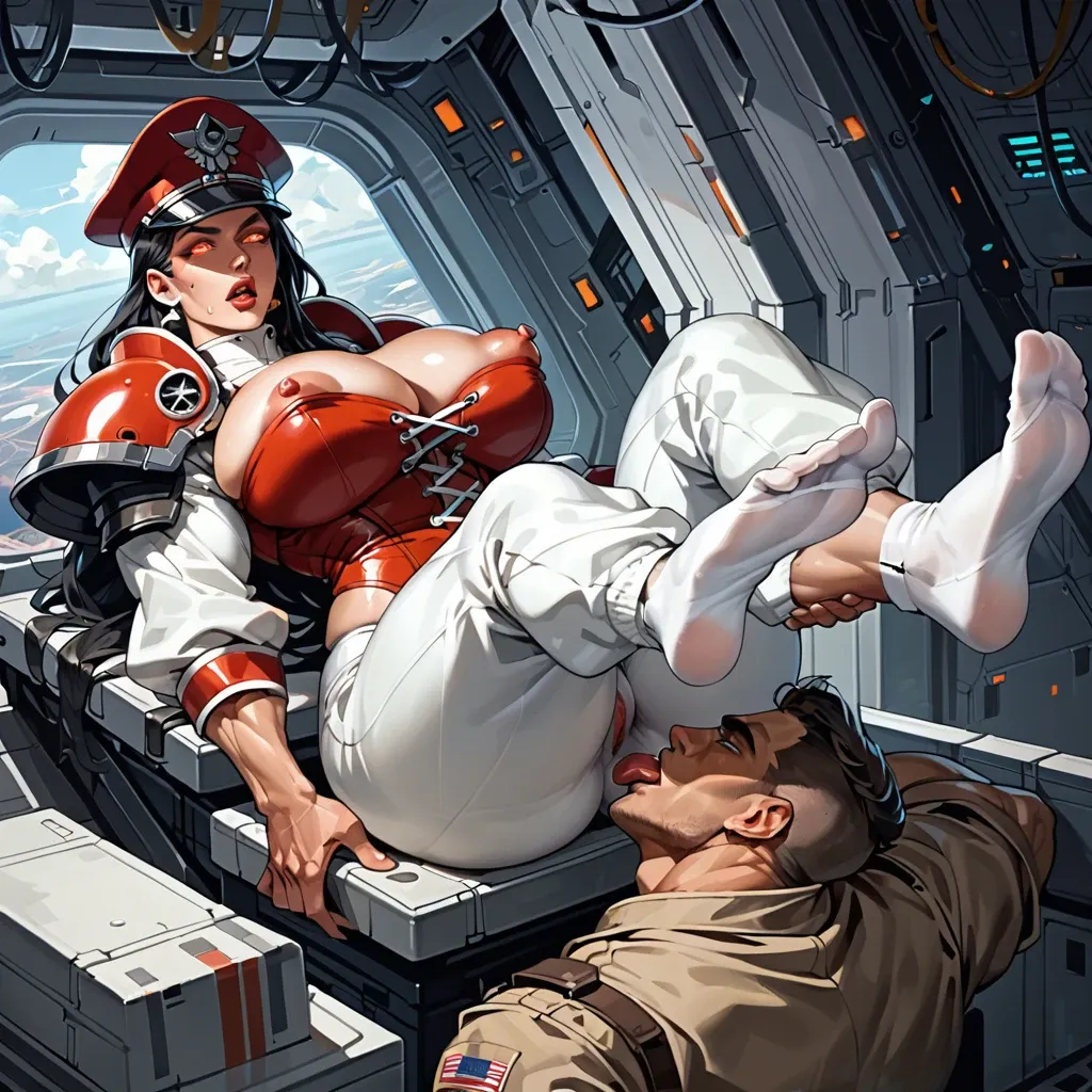 1girl,1boy, , , , cock on cheek,licking feet,huge breasts,spaceship,broad shoulders, glowing eyes,leg muscles,puffy areolas,on back,shoulder pads, baggy pants,white socks,military hat,red corset,thigh boots, hoodie,lace trim,gold jewelry,maroon bodysuit,armored boots, nobara kugisaki, dark alleyway, spaceship, on a fur bed, cartoon, dark forest, tifa lockhart, wonder woman, ariel waifu