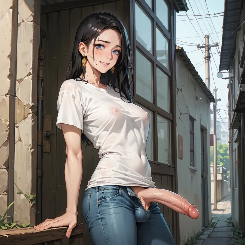 1girl, solo, cute, anime, futanari, long straight black hair, gold earrings, blue eyes, warm smile, white t-shirt, jeans, bulge, cock outline, cock and balls, standing, bedroom