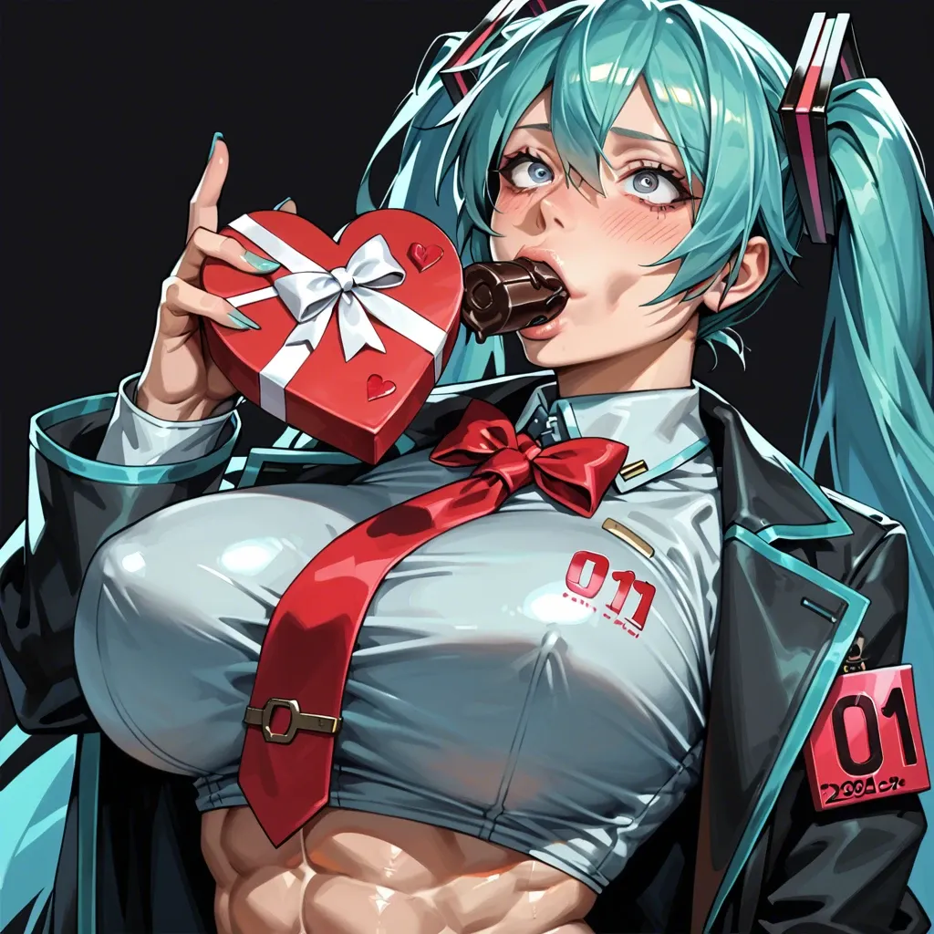 1 girl, Hatsune Miku, coat, blowjob, sucking dick, valentine's day, chocolate present, seductive face, brilliant eyes, tight clothes, upper body, detailed face, black background, do not show hands, huge breast, massive ass, abs, High definition