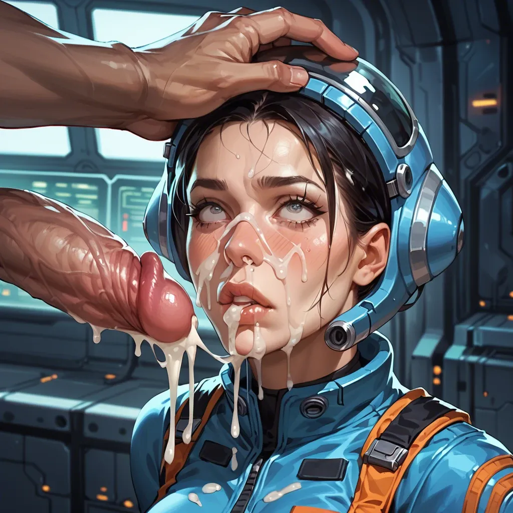 cute sci-fi girl, sci fi space jumpsuit, sci fi outfit, excessive facial creampie, cum on nose, cumon lips, cum on eyes, embarassed confused expression, huge alien cock hang down on front of the head, excessive cum, spaceship