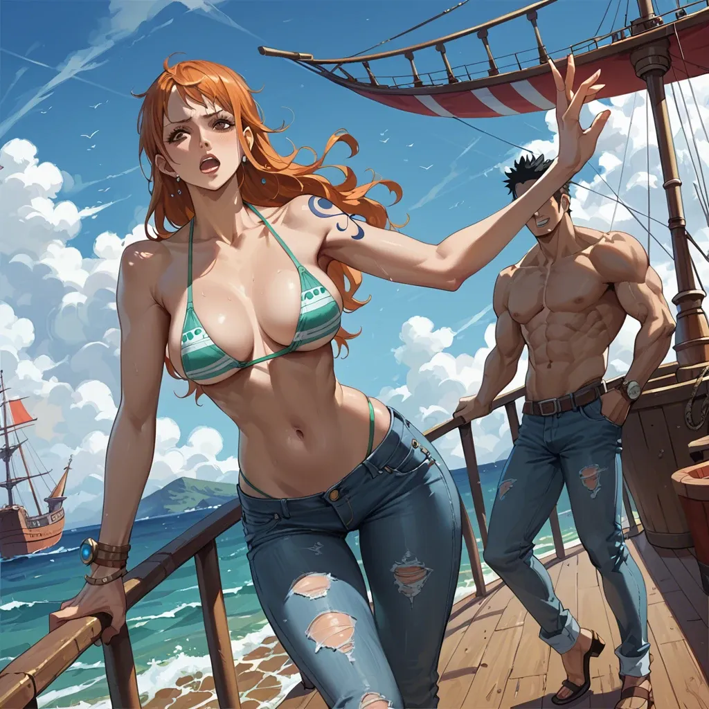 nami one piece, normal bikini, jeans pants, standing, idle, ship, rudder