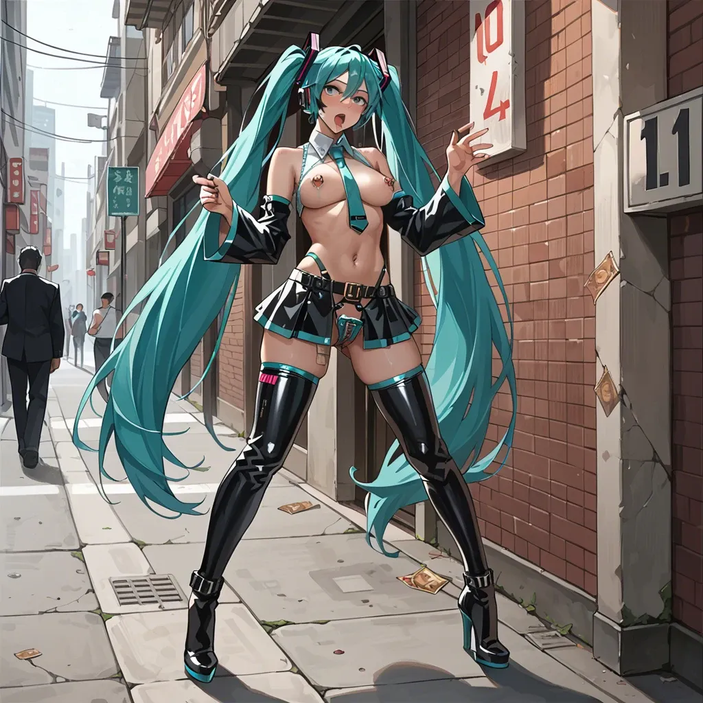 Hatsune Miku, anime, prostitute slut in sexy pose, prostituting herself, tigh blouse underboobs, mucro skirt, chastity belt, pubic hair, nipple piercing, latex high heels long boots. in a hotel entrance, anal penetration,, used condoms in her skirt,