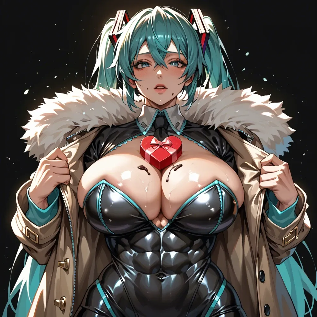 1 girl, Hatsune Miku, coat, valentine's day, chocolate present, seductive face, brilliant eyes, tight clothes, upper body, detailed face, black background, do not show hands, huge breast, massive ass, abs, High definition