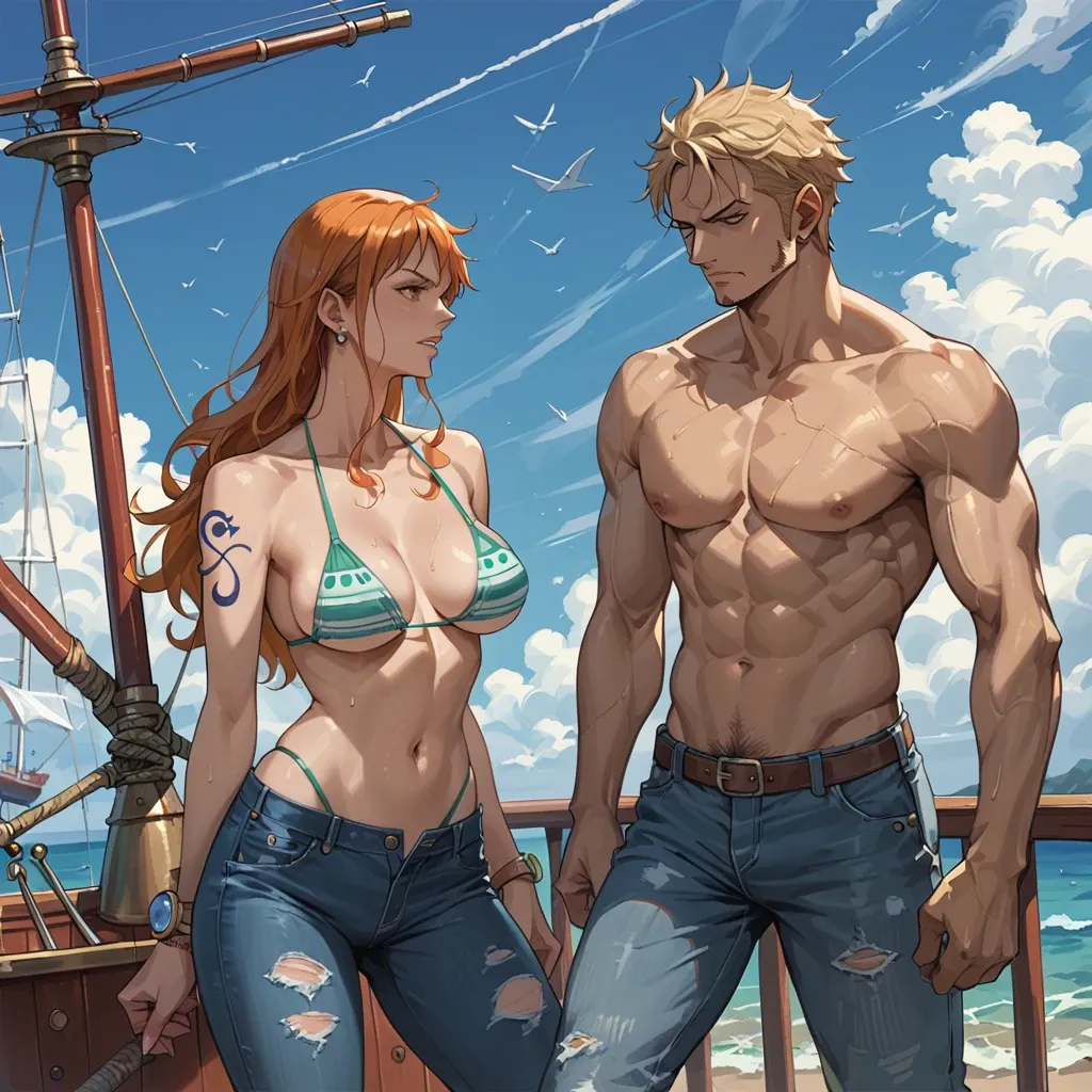 nami one piece, normal bikini, jeans pants, standing, idle, ship