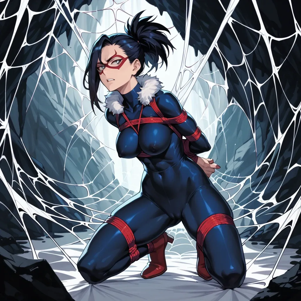 Nsfw, midnight,  my hero academia, web bondage, dark cave, spider web bondage, spider web, web, arms tied behind back, full body view, webbed, covered in spider web, fur trim