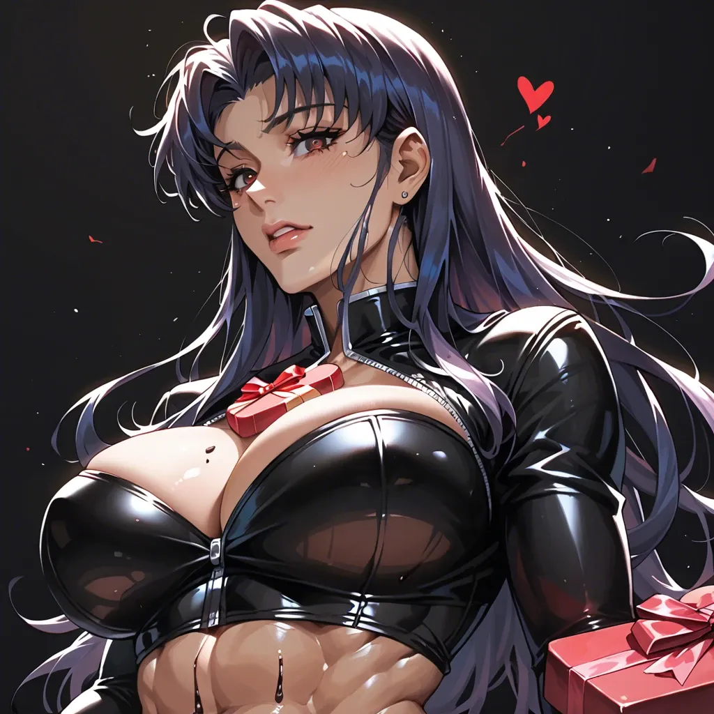 1 girl, Misato Katsuragi, valentine's day, chocolate present, seductive face, brilliant eyes, tight clothes, upper body, detailed face, black background, do not show hands, huge breast, massive ass, abs, High definition