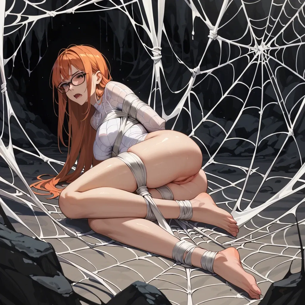 Nsfw, Sakura Futaba, Persona, web bondage, dark cave, spider web bondage, spider web, web, arms tied behind back, full body view, webbed, covered in spider web, glasses, legs tied together, struggling, wrapped in spider web, wrapped up to neck, big ball gag, drooling