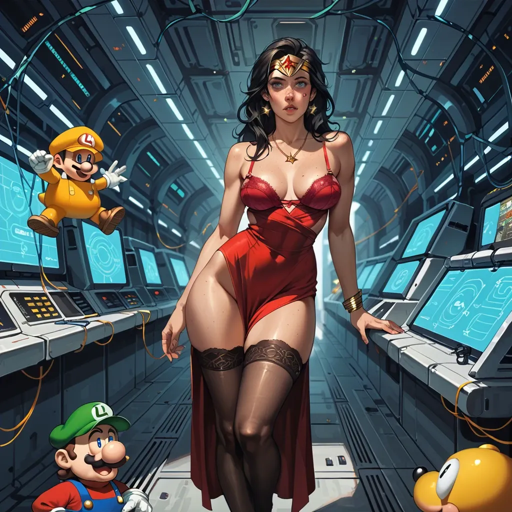 1girl,1boy, , , , freckled face,thigh focus,medium breasts,large hips,orange skin, red dress,stockings,purple necklace,loose bra,sandals, spaceship, mario and luigi, wonder woman, miku hatsune