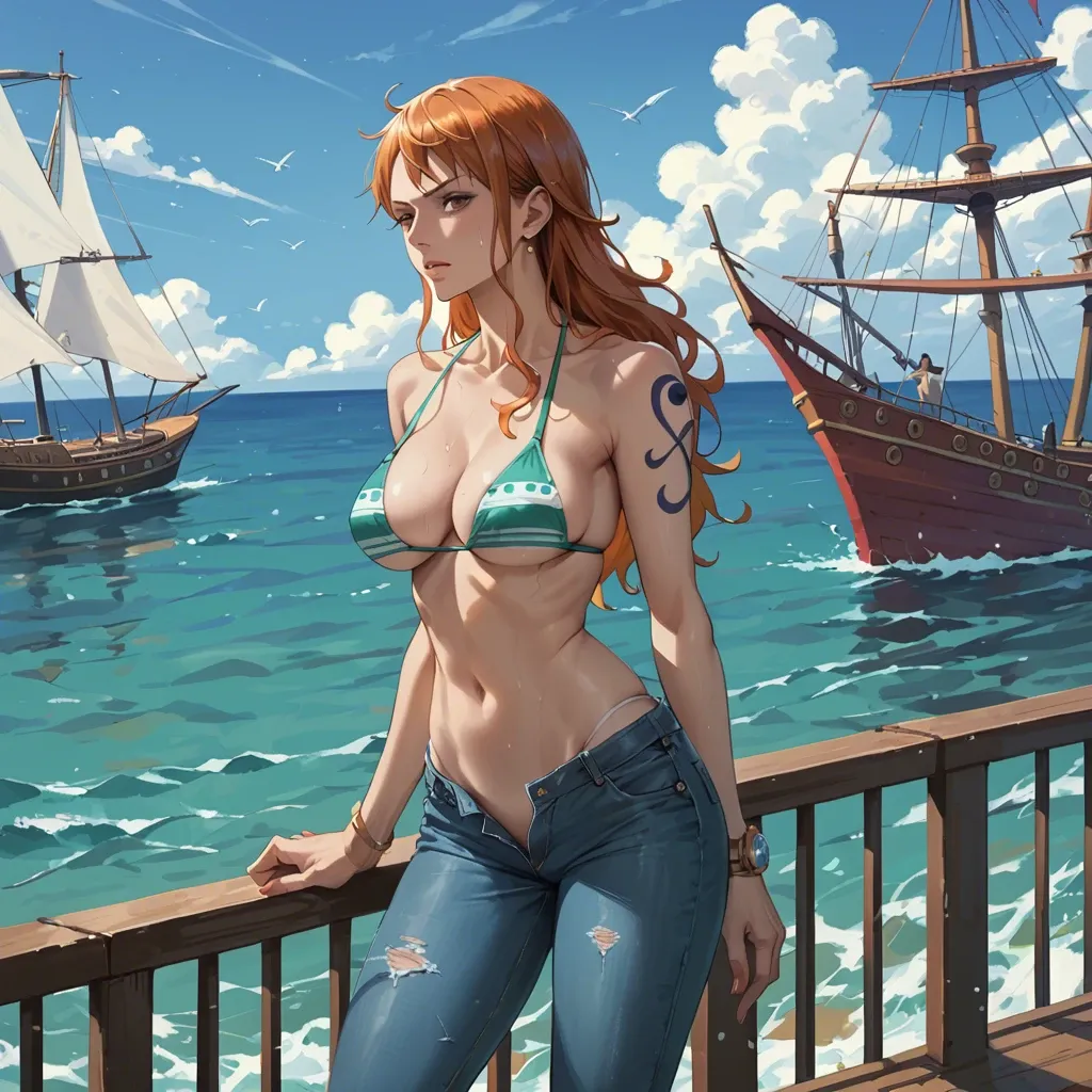 nami one piece, normal bikini, jeans pants, standing, ship