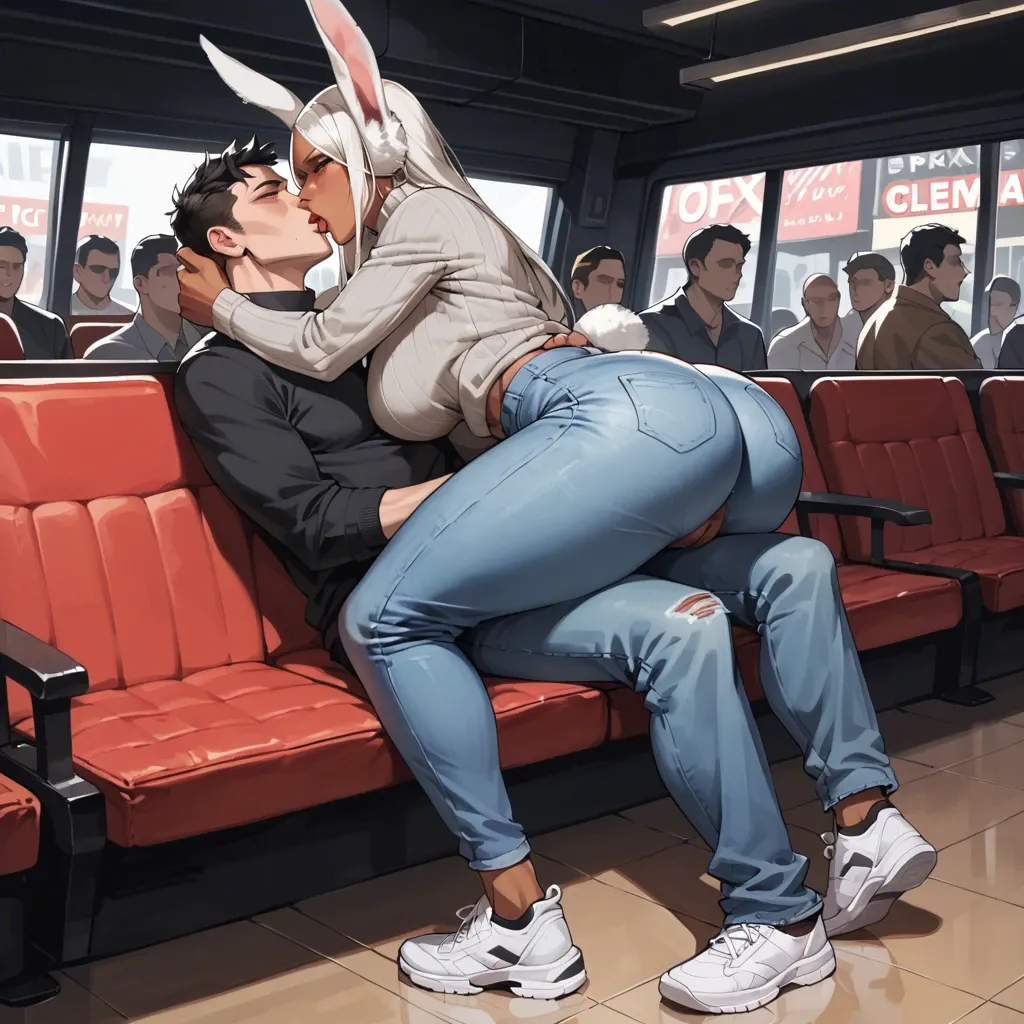 rumi usagiyama, jeans, white sneakers, grey sweater, curvy body, large ass, large breasts, cinema, kiss, man