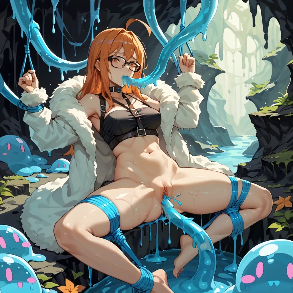 Nsfw, Sakura Futaba, persona, glasses, slime, fur coat, slime bondage, suspended bondage, cave, spread legs, slime tentacles, tentacle in mouth, covered in slime, slime cocoon, wrapped in slime, arms tied behind back, tentacle around neck