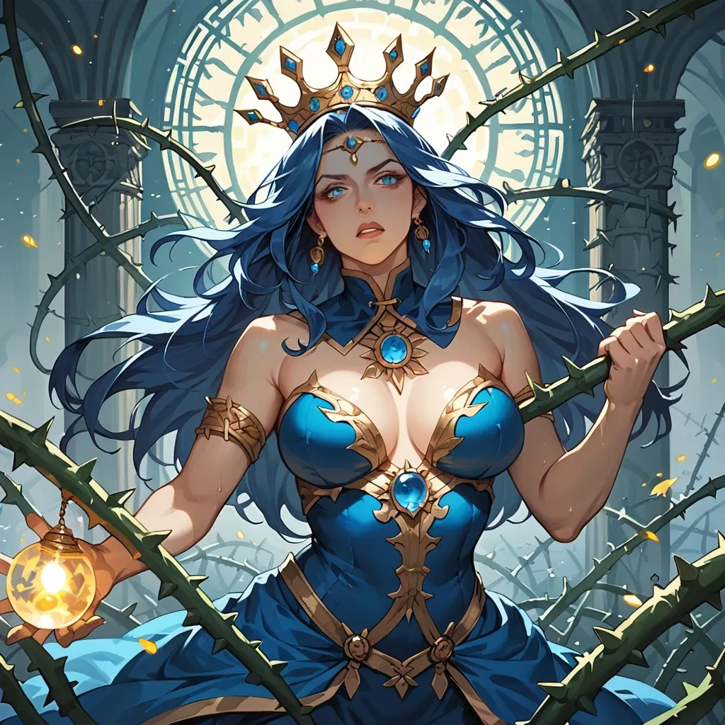 A mysterious woman with sapphire eyes and a crown of thorns stands in a field of floating lanterns. Her dress is woven from shadows and stardust, and she holds a glowing orb that pulses with ancient power.