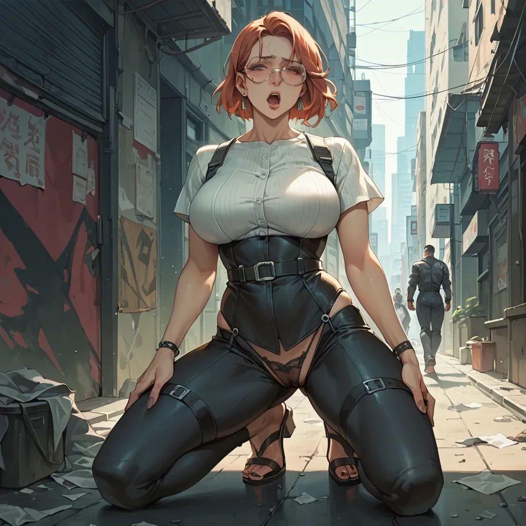 2girl, , , , rosy cheeks,pushing,big breasts,clenched waist,on knees, black pants,lace trim,opaque glasses,panties on,strappy sandals, nobara, dark alleyway, cyberpunk, obedient, unforgettable, waifu