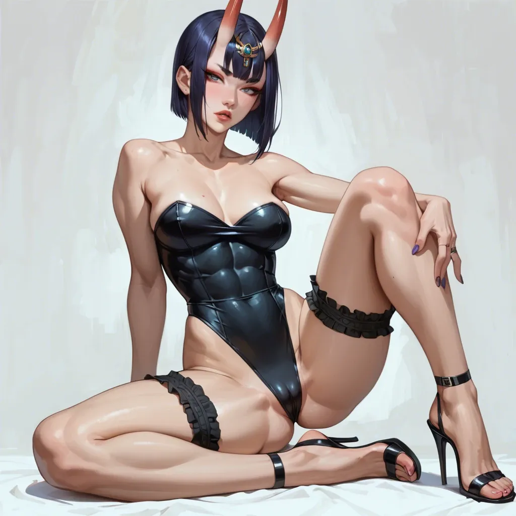 Shuten-Douji, strapless swimsuit, slim body, seethrough tits, upperboobs, perky chest, front view, seductive face, heavy upper lips, vulgarity, big juicy ass, hip garter, abs seethrough, knee up