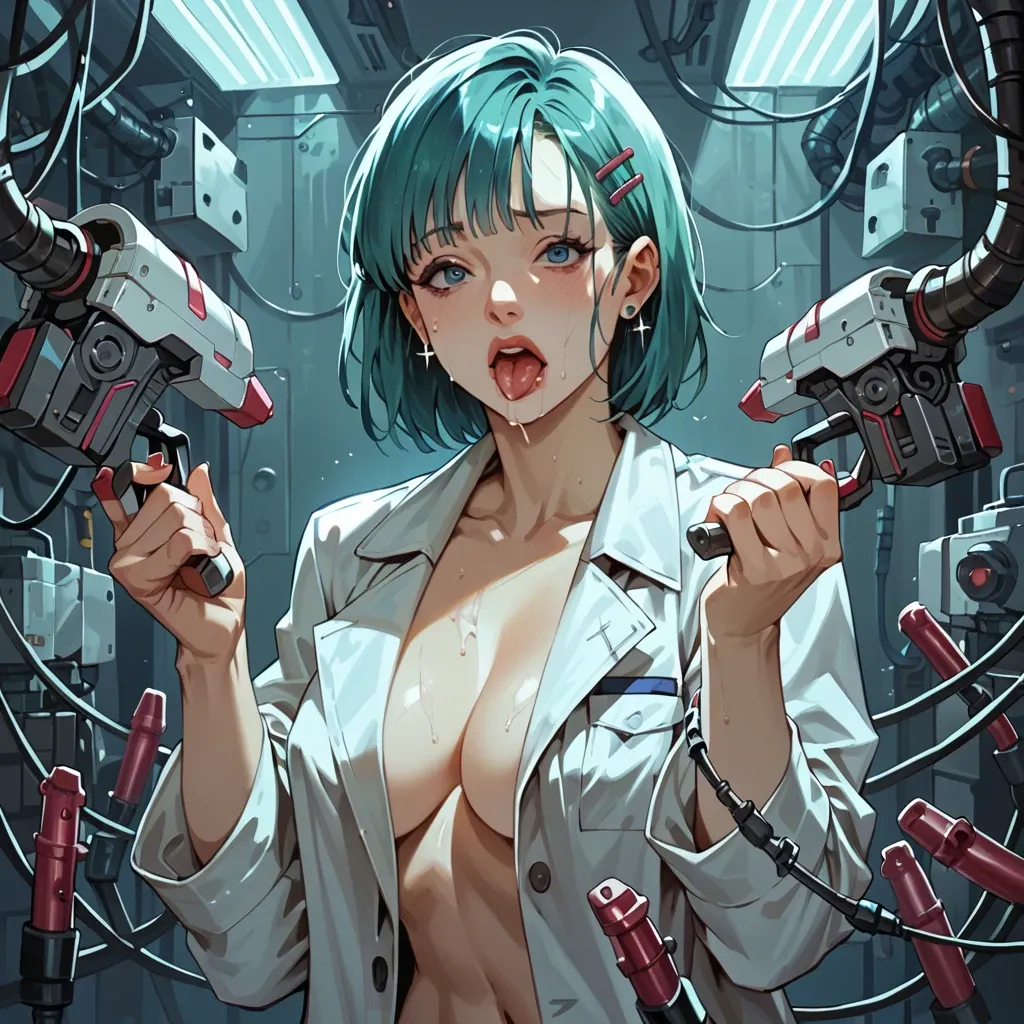 Bulma in her lab coat, surrounded by futuristic gadgets and blueprints, works on a new invention. Her eyes sparkle with curiosity and intelligence as she tinkers with a mysterious device.