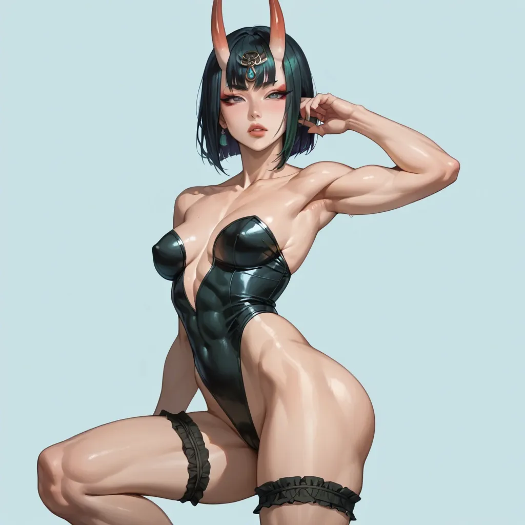 Shuten-Douji, strapless swimsuit, slim body, seethrough tits, upperboobs, perky chest, front view, seductive face, heavy upper lips, vulgarity, big juicy ass, hip garter, abs seethrough, knee up