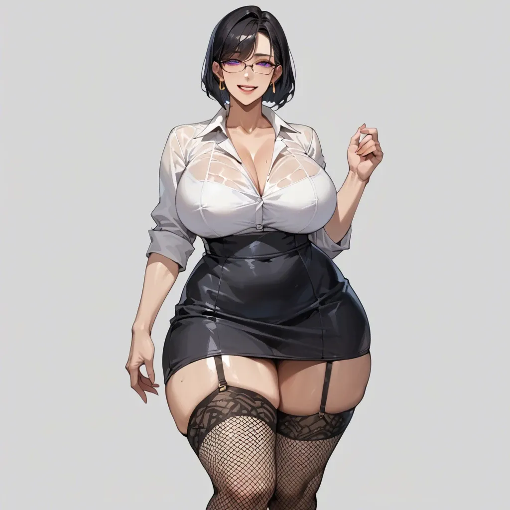 Korean milf, black hair, bob cut, purple eyes, wearing glasses, golden earrings, massive breasts, massive hips, large hips, white shirt, black skirt, black garter belt, fishnet stockings,  smiling, standing