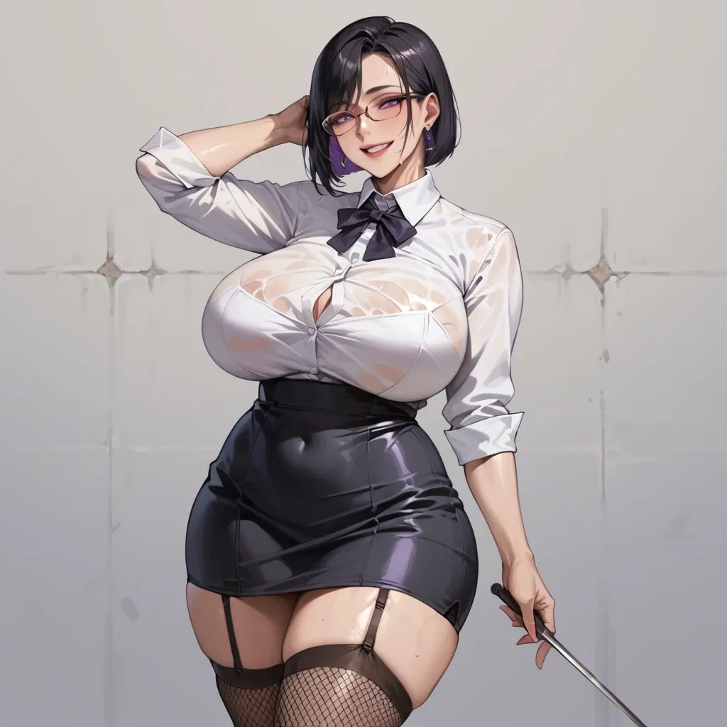 Korean milf, black hair, bob cut, purple eyes, wearing glasses, purple earrings, massive breasts, massive hips, large hips, white shirt, black skirt, black garter belt, fishnet stockings,  smiling, standing,