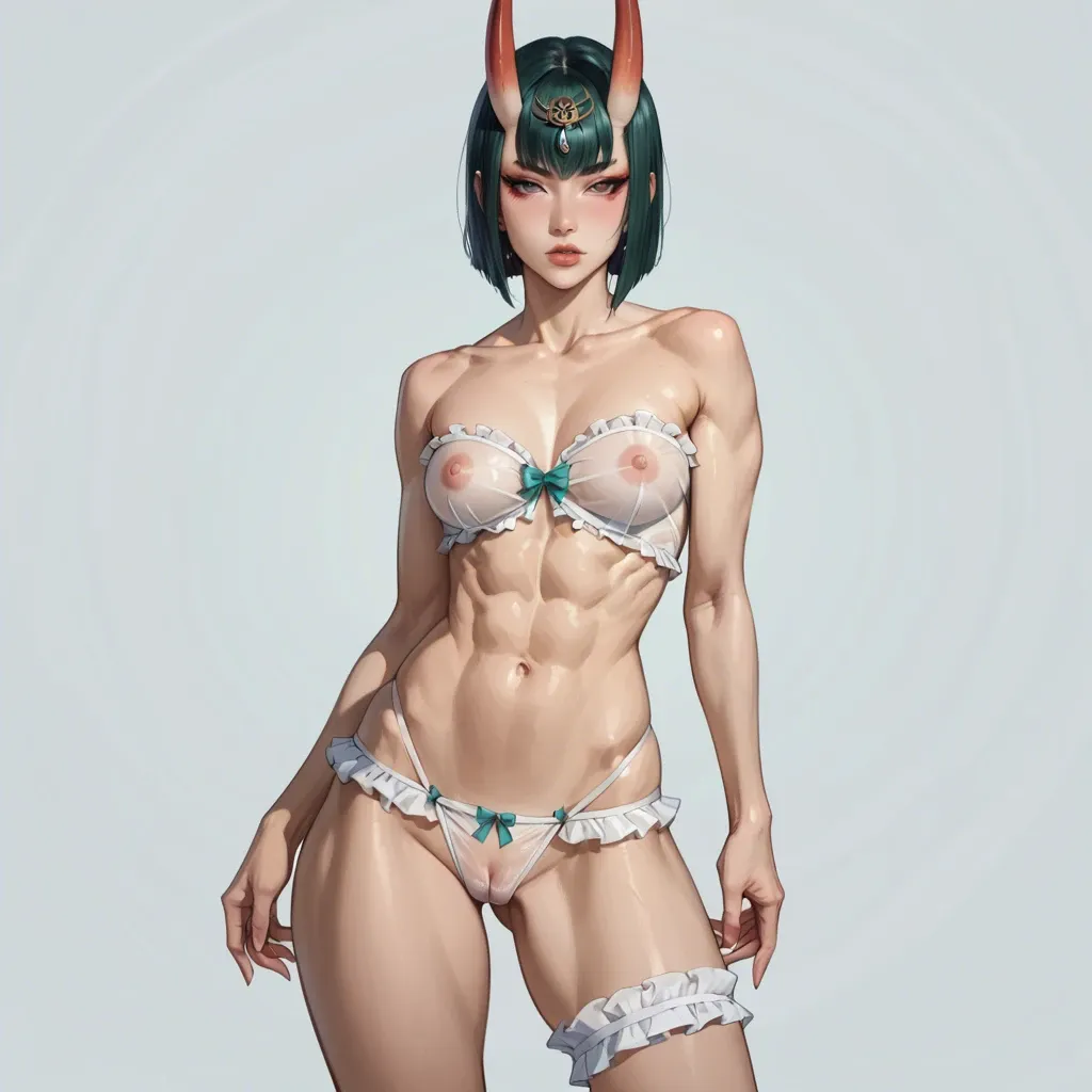 Shuten-Douji, strapless swimsuit, lowrised panties, slim body, seethrough tits, perky chest, front view, seductive face, heavy upper lips, vulgarity, big juicy ass, hip garter, abs seethrough