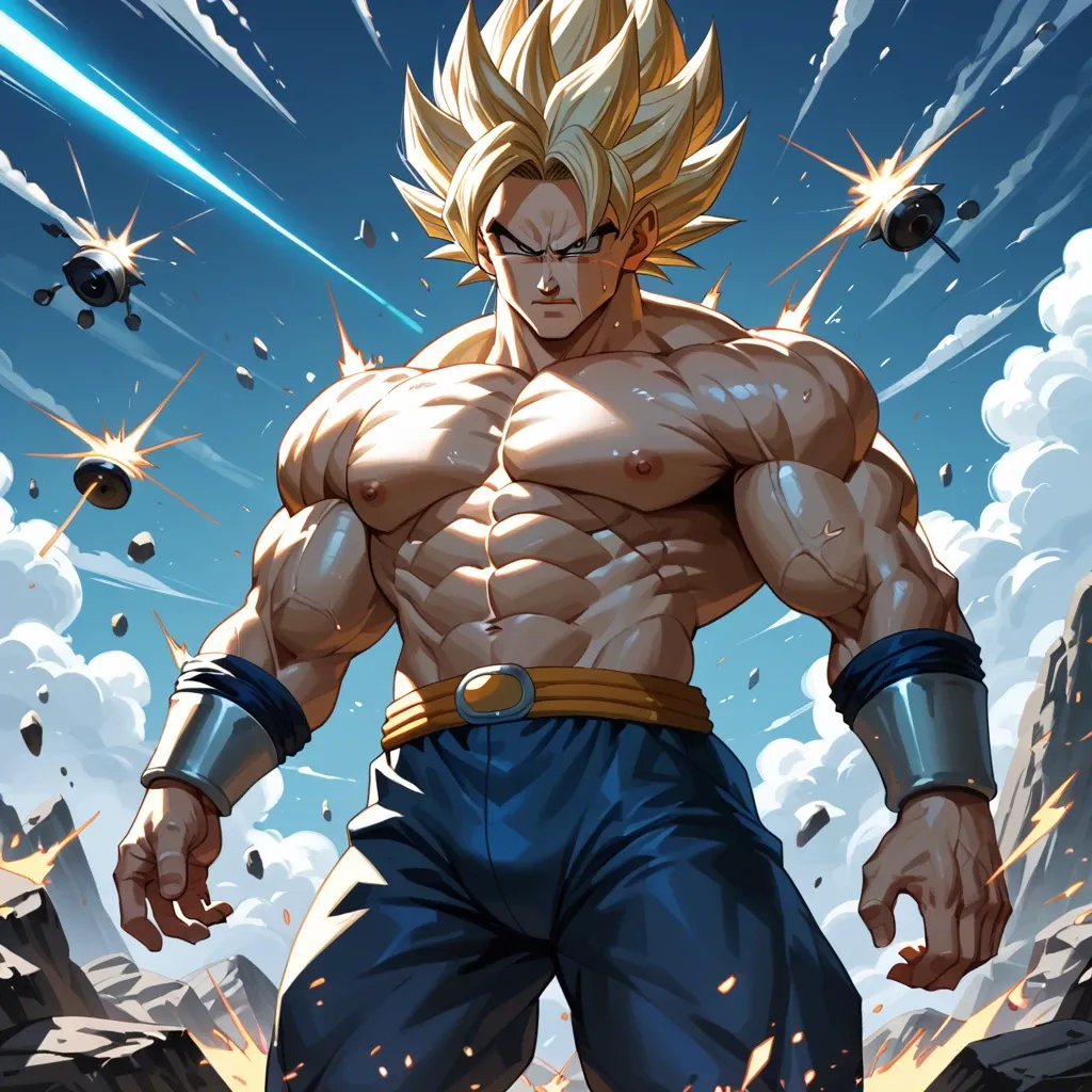 Vegeta in his Saiyan armor stands defiantly on a rocky outcrop, his eyes filled with pride and rage. Behind him, a comet streaks across the sky, casting an ominous glow over the battlefield.