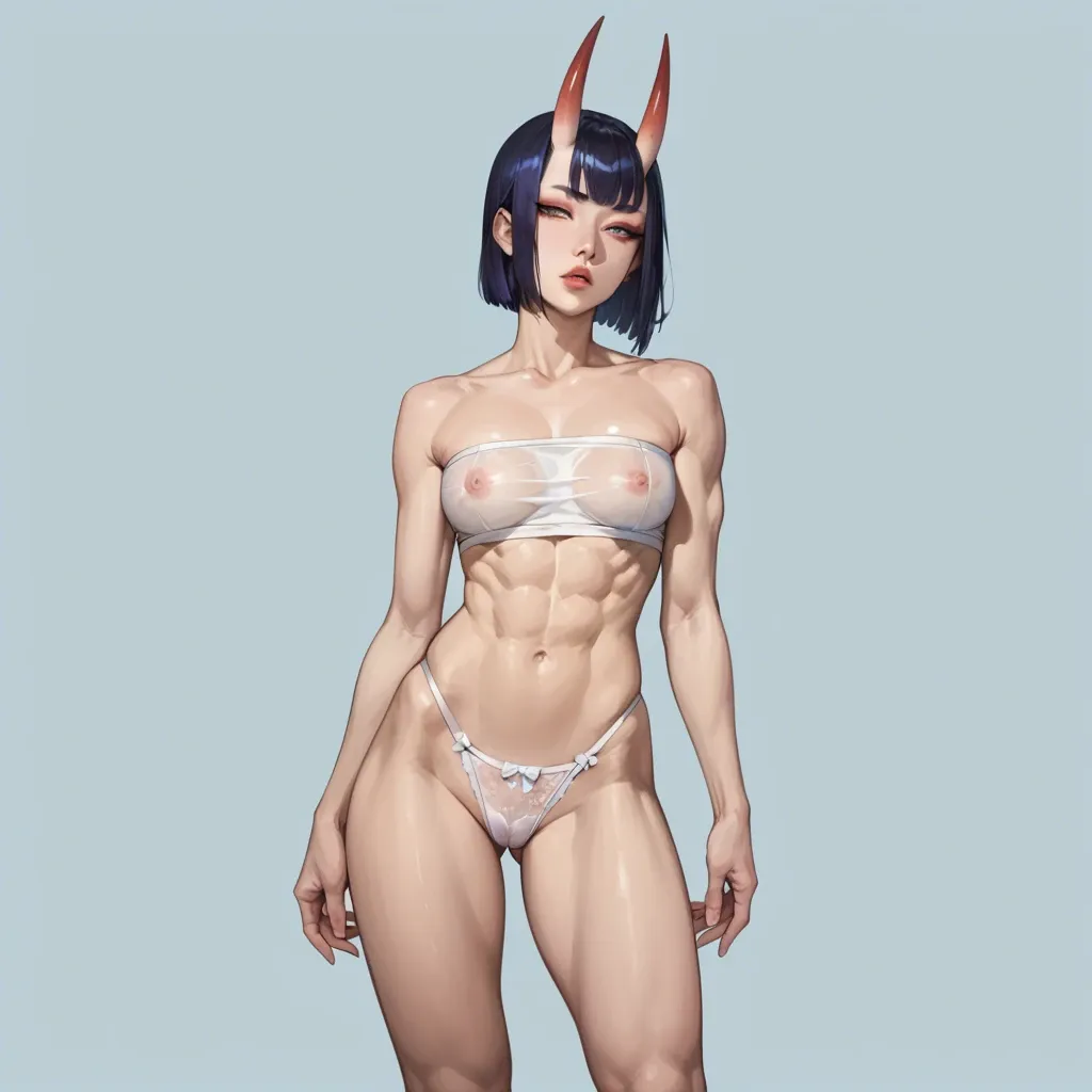 Shuten-Douji, strapless swimsuit, lowrised panties, slim body, seethrough tits, perky chest, front view, seductive face, heavy upper lips, vulgarity, big juicy ass, garter, abs seethrough