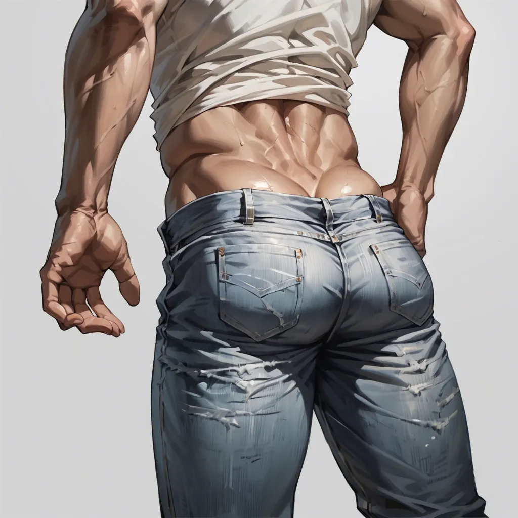 1 boy, taking off his jeans, stand with back, jeans, detailed, grey background