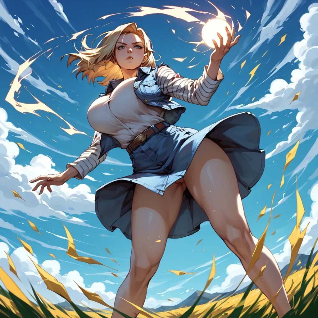 Android18,gigantic breast,stands in a field of floating energy,she holds a glowing orb that pulses with energy power,wind wind wind,Dutch angle shot,