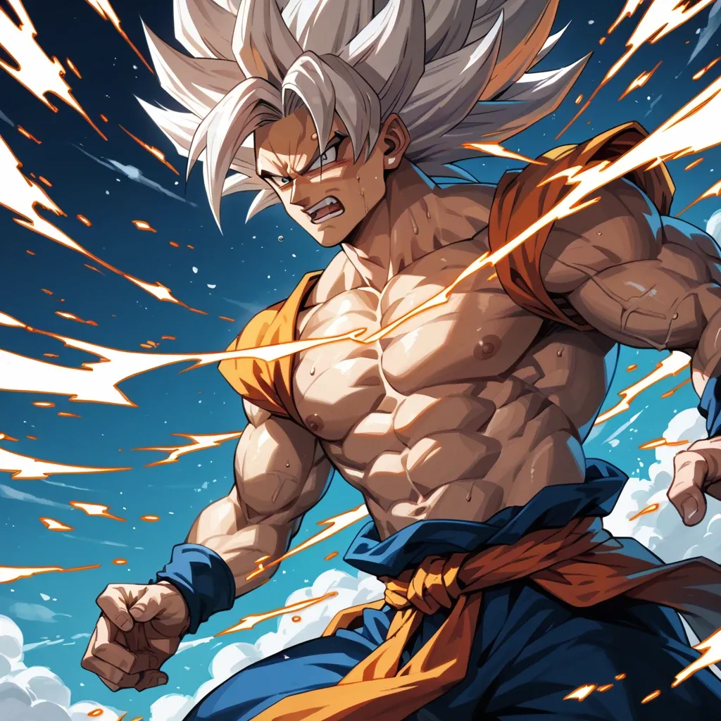 A fierce battle between Goku and Frieza on a crumbling planet, with energy blasts lighting up the dark sky. Goku's hair is golden, and his eyes burn with determination as he powers up to Super Saiyan.