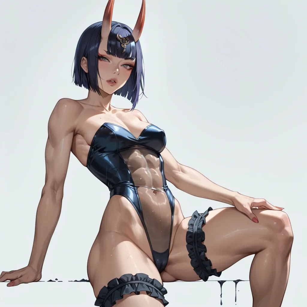 Shuten-Douji, strapless swimsuit, slim body, seethrough tits, upperboobs, perky chest, front view, seductive face, heavy upper lips, vulgarity, big juicy ass, hip garter, abs seethrough, knee up