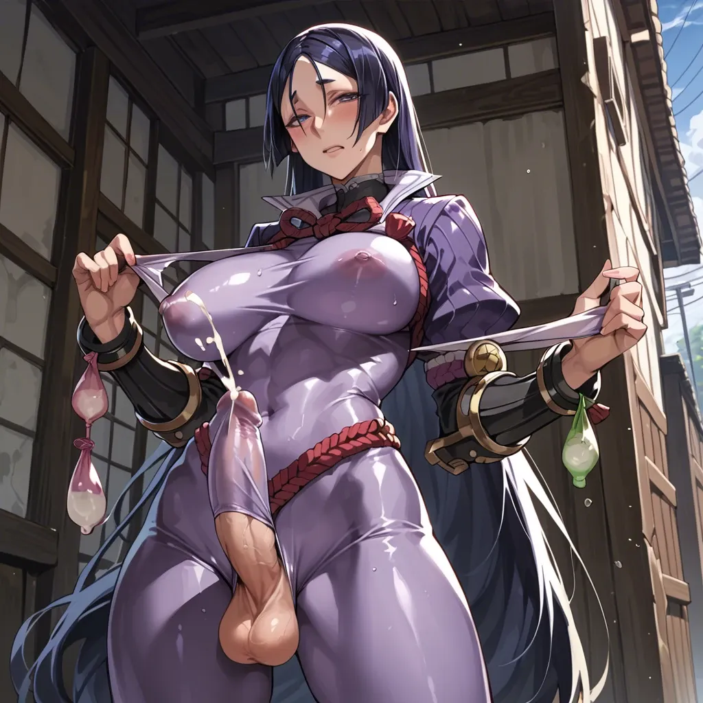 Minamoto No Raikou, bodysuit condom, futanari, erection under clothes, erect beneath clothes, testicles beneath clothes, cumming in clothes