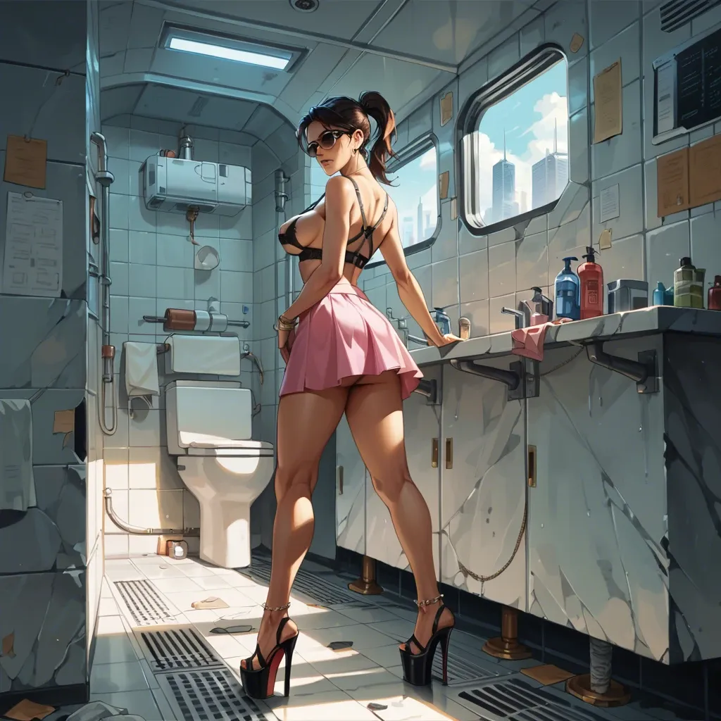 2girl, , , , large boob slip,knees,round tits,waist grab,on elbows, pink skirt,anklets,sunglasses,open torn bra,platform heels, bathroom stall, spaceship, bedroom, digital art, backlit, lara croft, anna hair, dynamic pov