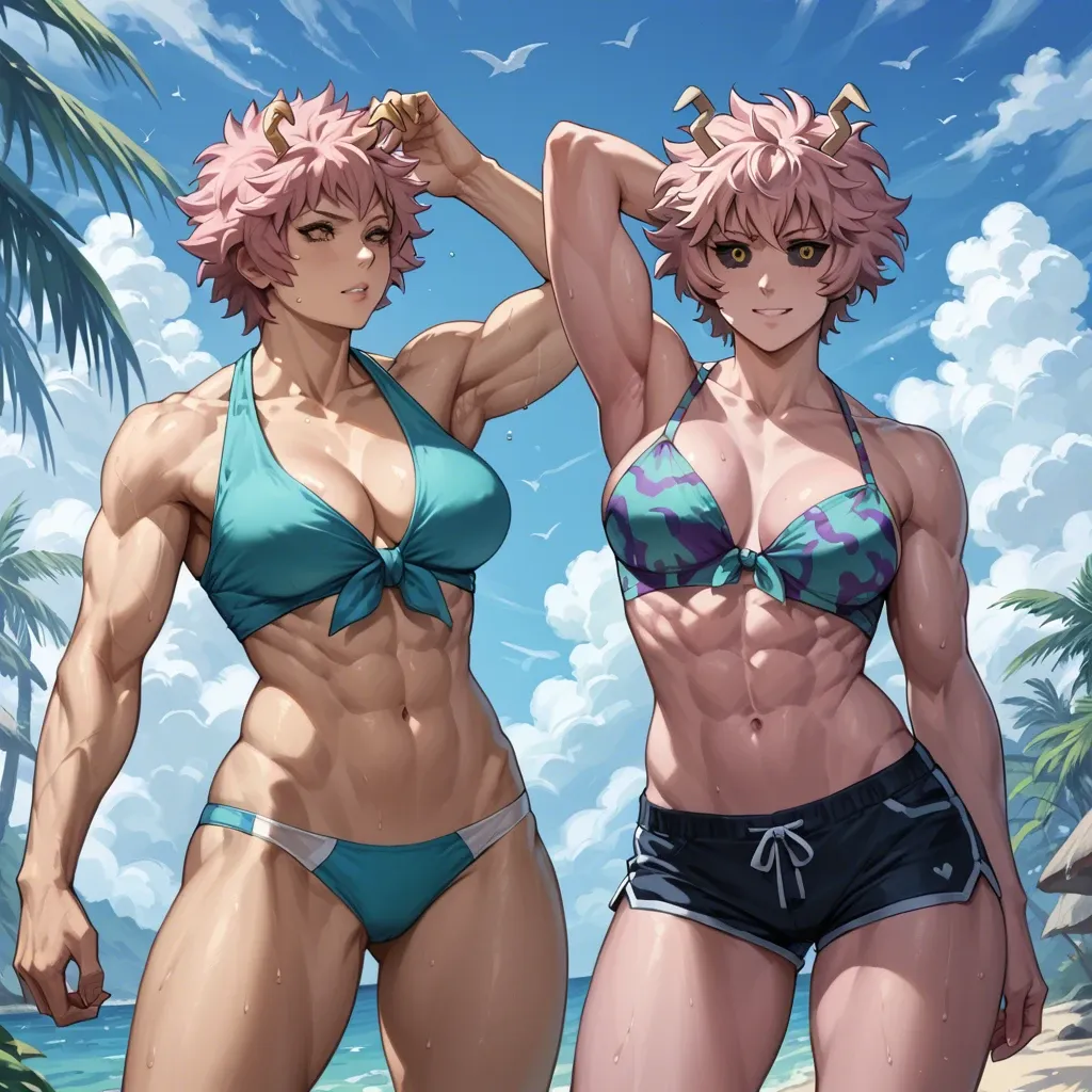 Mina Ashido, 2girls, abs, biceps, casual, extreme muscular, sexy pose