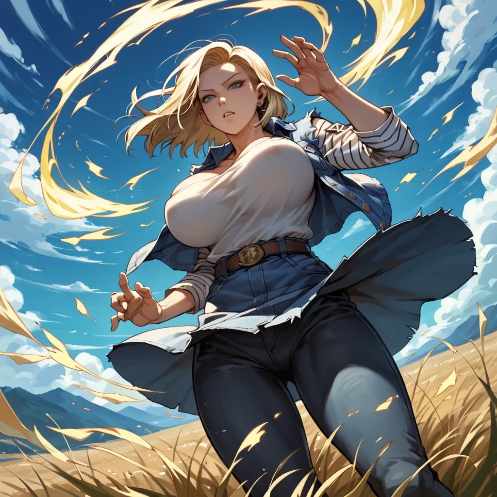 Android18,gigantic breast,stands in a field of floating energy,she holds a glowing orb that pulses with energy power,wind wind wind,Dutch angle shot,male POV