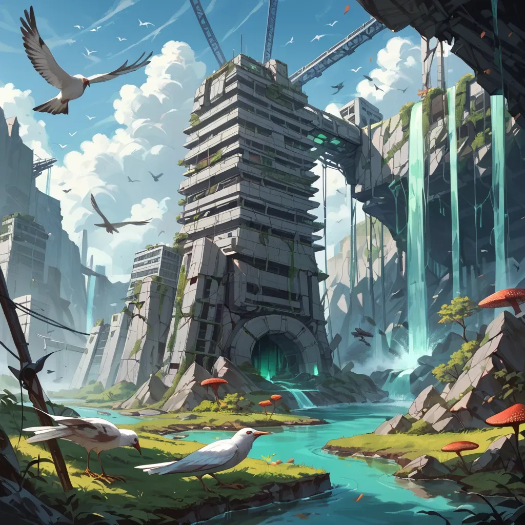 A surreal landscape with a giant clockwork dragonfly over glowing mushrooms, origami birds in the sky, a serene lake, futuristic city ruins, a rainbow waterfall, and a lone astronaut watching floating musical notes.