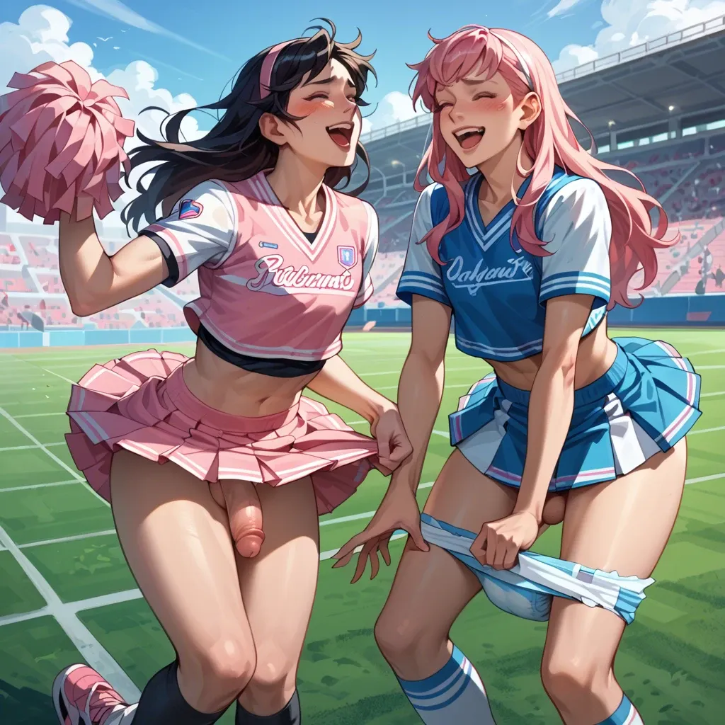 2girls, cute, anime,  futanari, pastel pink and blue, cheerleader, football field, thick diaper under skirt, laughing, diaper pulled down, flaccid cock and balls: 1boy, femboy, long hair, diaper under skirt, blowjob