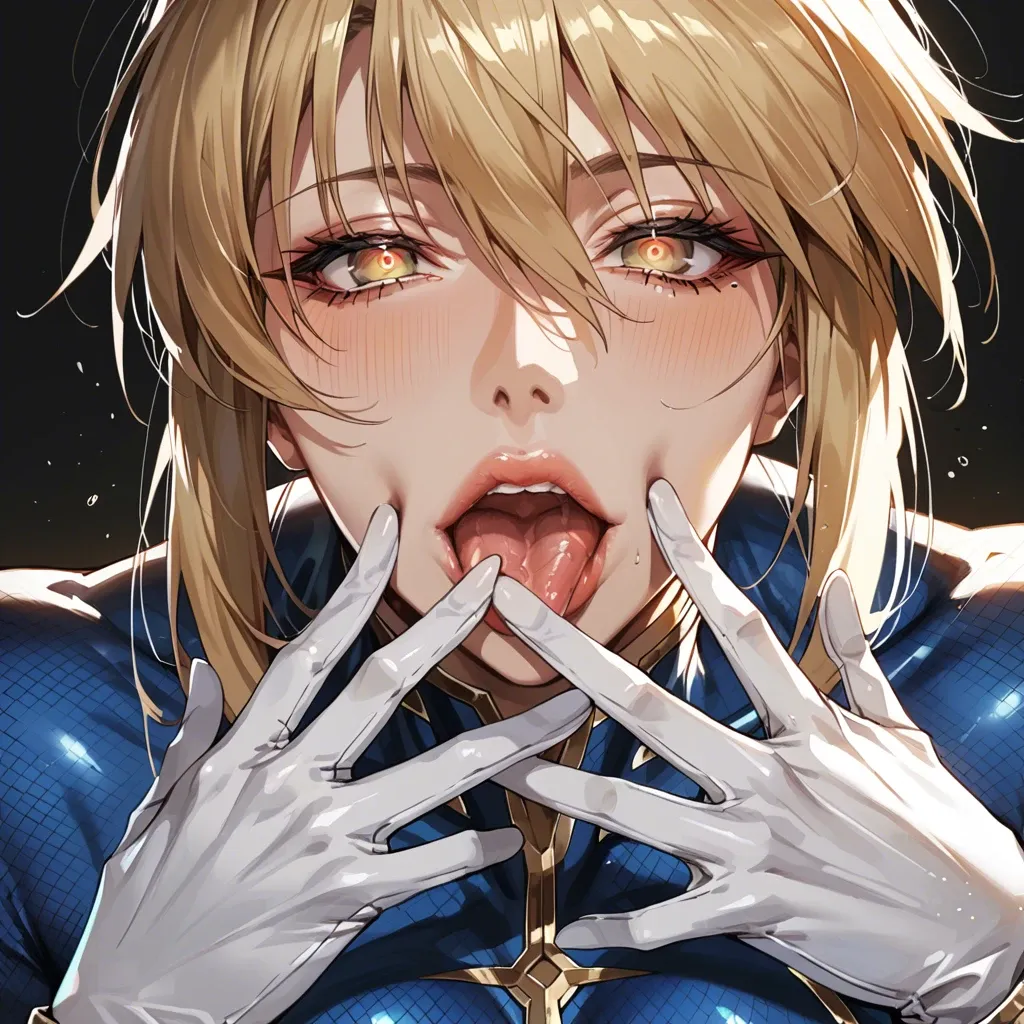 1 girl, Artoria (fgo), tongue out, face close up, puckering lips, puckering motion, seductive face, brilliant eyes, tight clothes, detailed face, black background, do not show hands, High definition