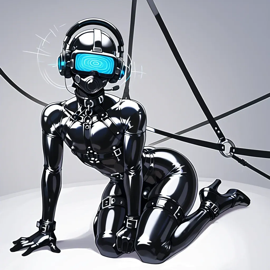 Femboy drone, null bulge, black latex bodysuit, black latex stockings, black latex gloves, black latex mask, bdsm collar, vr headset, headphones, hypnosis, mindless, blue light, bondage, hentai