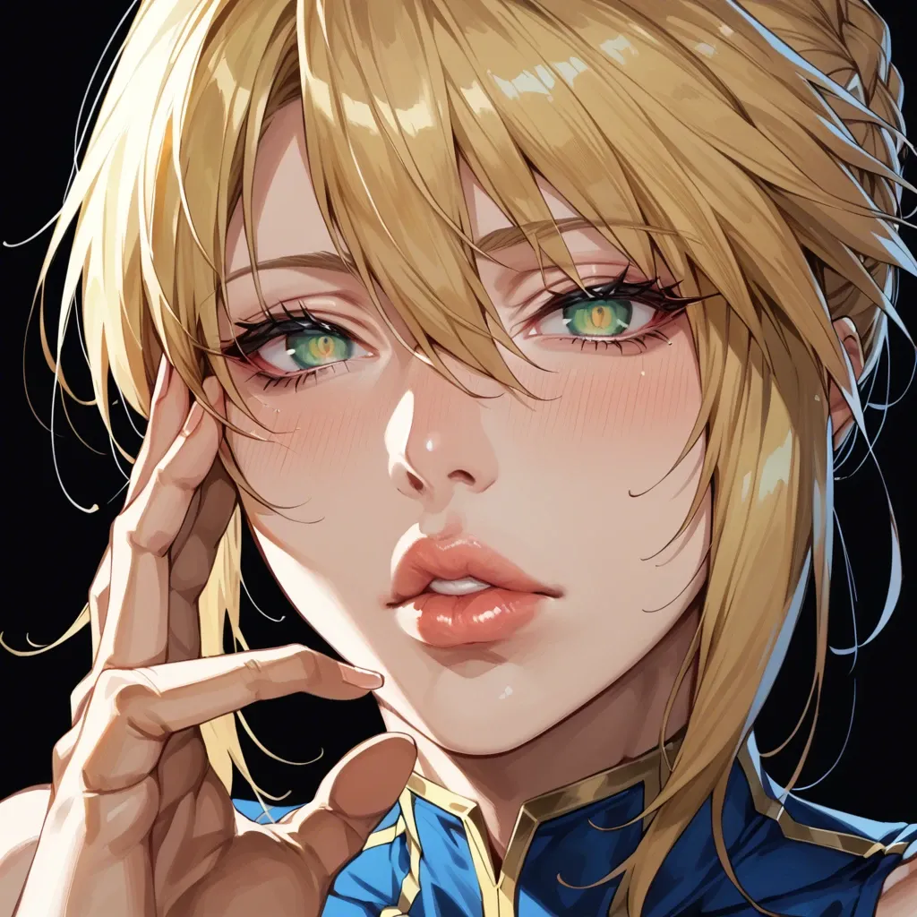 1 girl, Artoria (fgo), face close up, puckering lips, puckering motion, seductive face, brilliant eyes, tight clothes, detailed face, black background, do not show hands, High definition