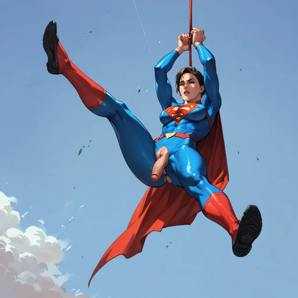 Superman floating in the air, crotchless suit, long penis hanging