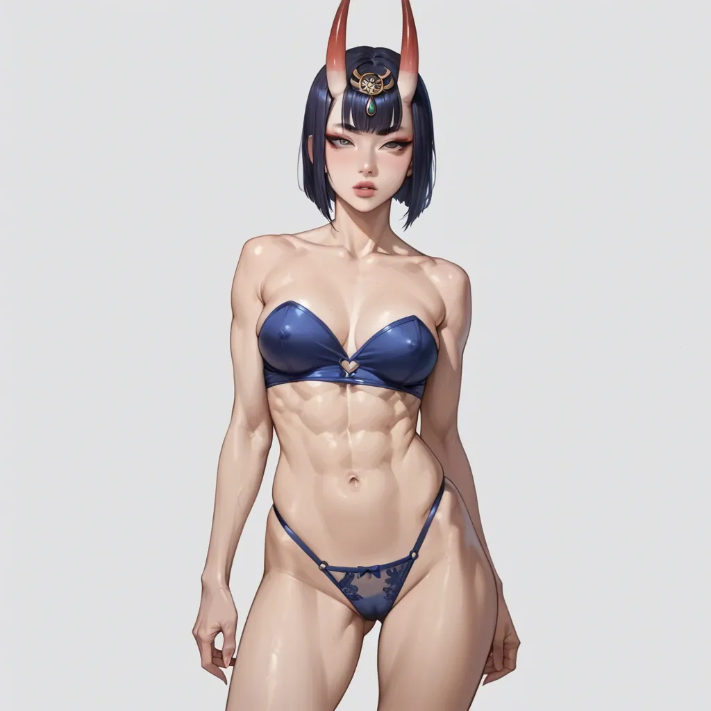 Shuten-Douji, strapless swimsuit, lowrised panties, slim body, seethrough tits, perky chest, front view, seductive face, heavy upper lips, vulgarity, big juicy ass, abs seethrough