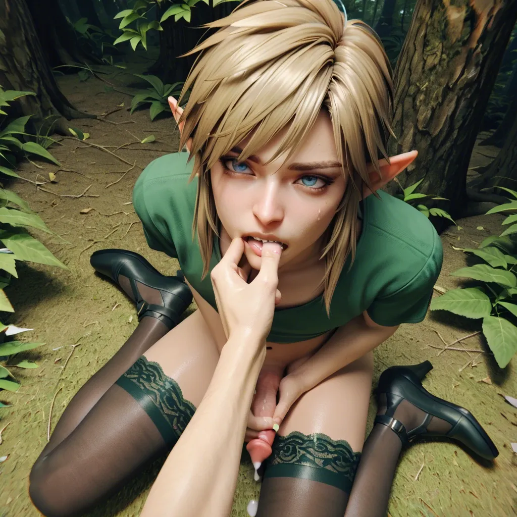 1boy 1femboy,3d, link adorable male Girly male,fingering own mouth,Biting fingers,Biting, green lace-trimmed legs wear thighhighs,animal penises,bukakke, high-angle close-up forest,face Cum