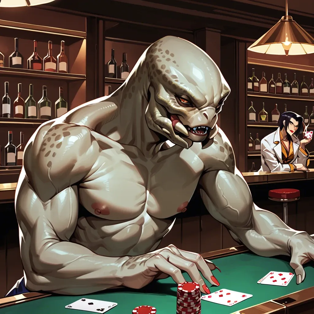 Faye Valentine smug, playing strip poker with a shirtless masked sangheili, both fully visible, bar, glass  table