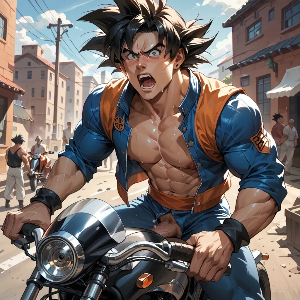 Male Goku on a roaring motorcycle