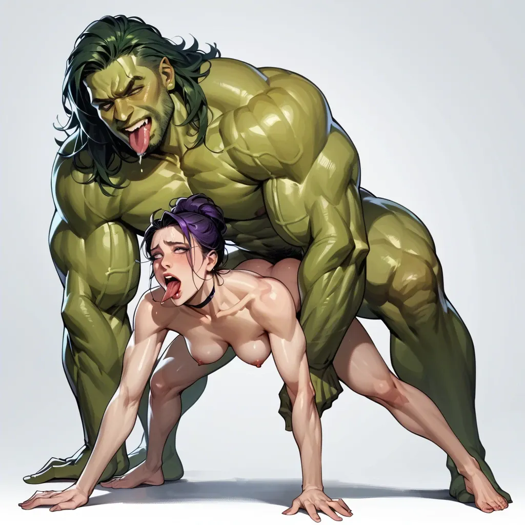 Marvel artstyle,skinny Anorexia male fucking her, massive big biceps shehulk nude, bending over, doing a split, sexy purple soles, ahegao tongue, skinny Anorexia male fucking her