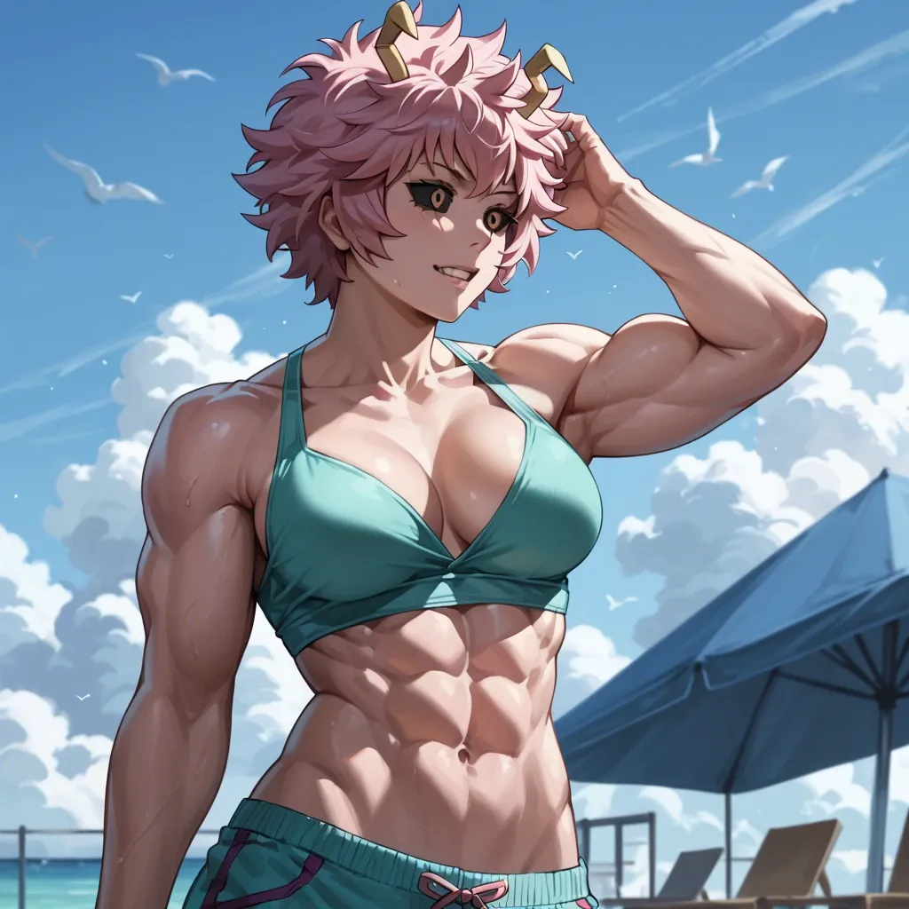 Mina Ashido, 1girls, abs, biceps, casual, extreme muscular, sexy pose