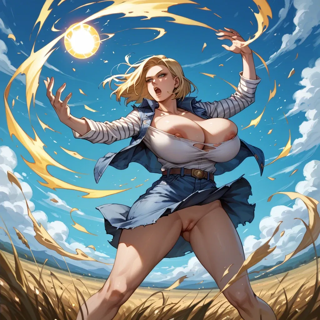 Android18,gigantic breast,stands in a field of floating energy,she holds a glowing orb that pulses with energy power,wind wind wind,Dutch angle shot,