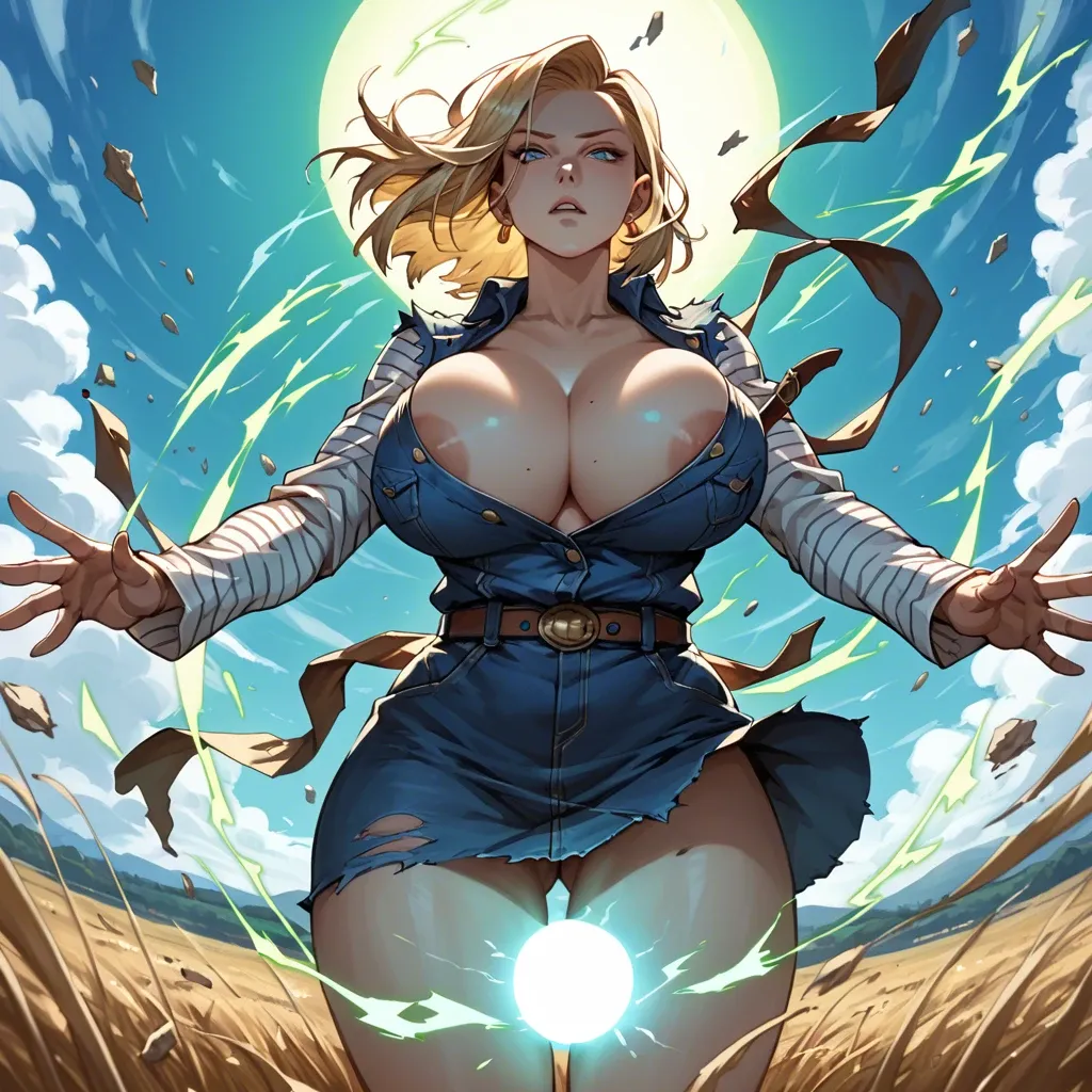 Android18,gigantic breast,stands in a field of floating energy,she holds a glowing orb that pulses with energy power,wind wind wind,Dutch angle shot,male POV